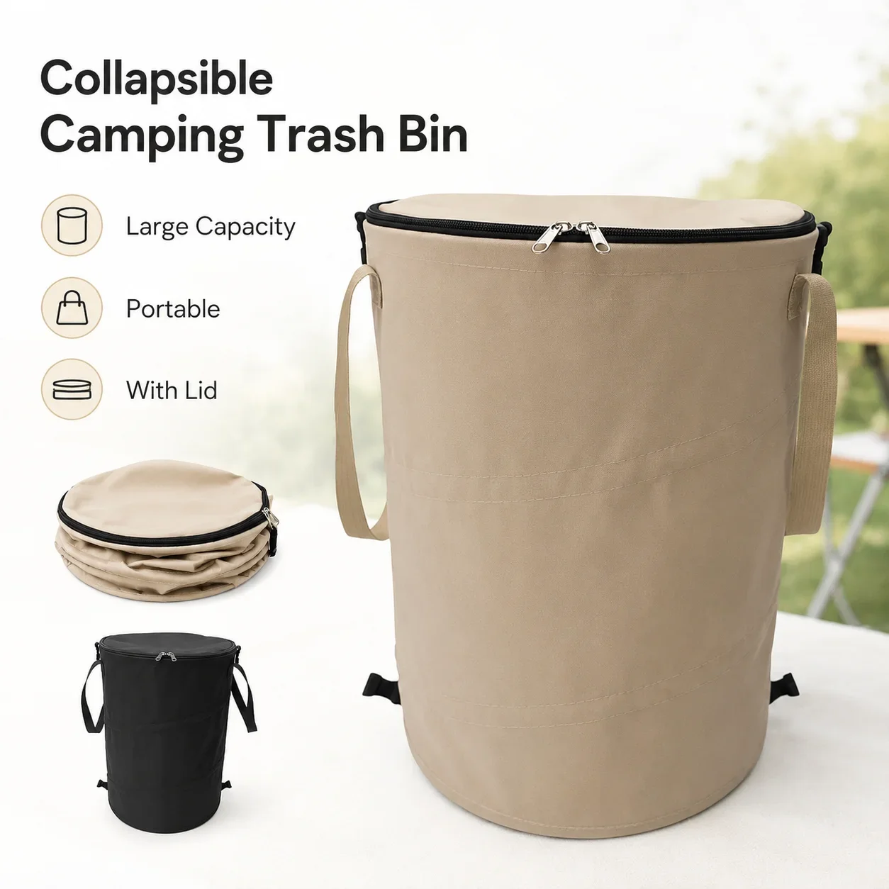 Outdoor Folding Trash Bin Black Khaki Oxford Cloth Portable Garbage Bag with Cover for Camping Picnic Car Garden Storage Home