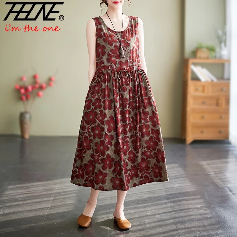 Dress Women Cotton Linen Maxi Bohemian OR Boho Print Pullover Casual Tank or Sleeveless Strap Vestido Feminino Robe Loose Floral