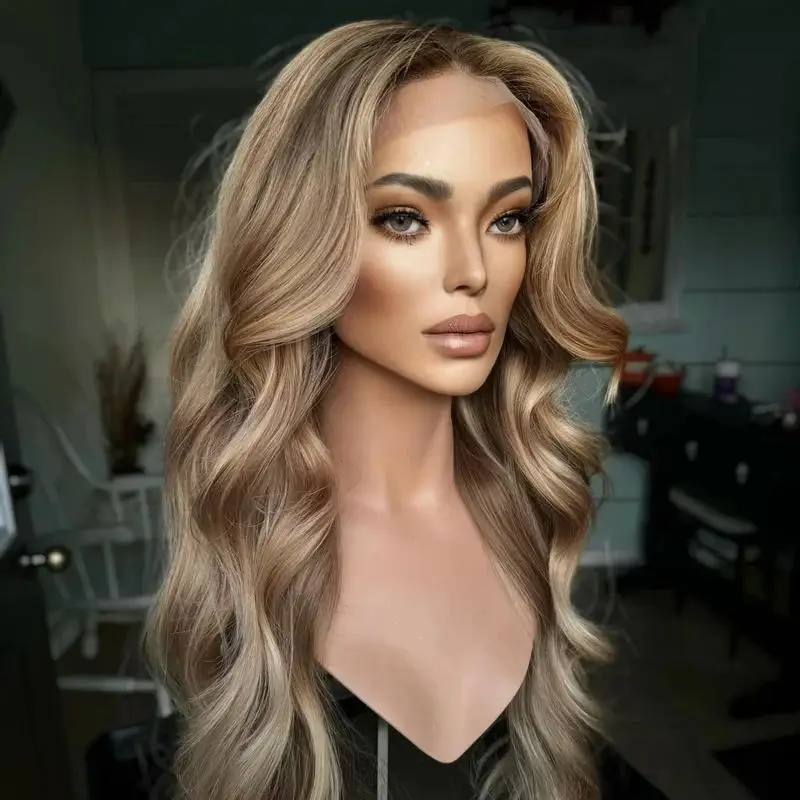 Moda parte média peruca feminina ombre loira marrom hd peruca frontal com raízes superior peruca sintética de alta qualidade peruca onda do corpo