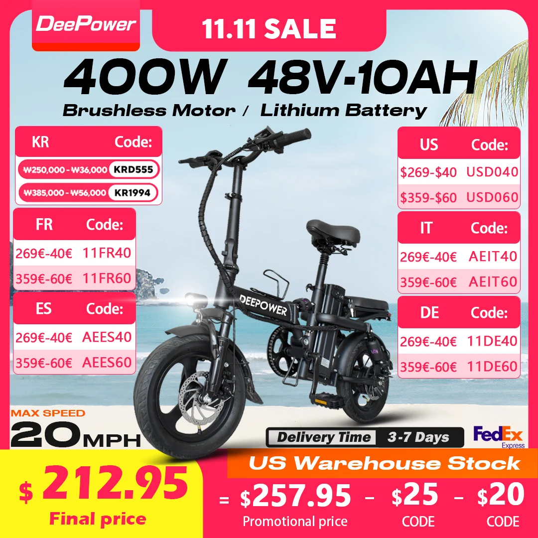 DeePower K300 14inch Mini Folding Ebike for Adults, Electric Bike,Electric Bicycle with Lithium Battery,20MPH Commuting e-bike