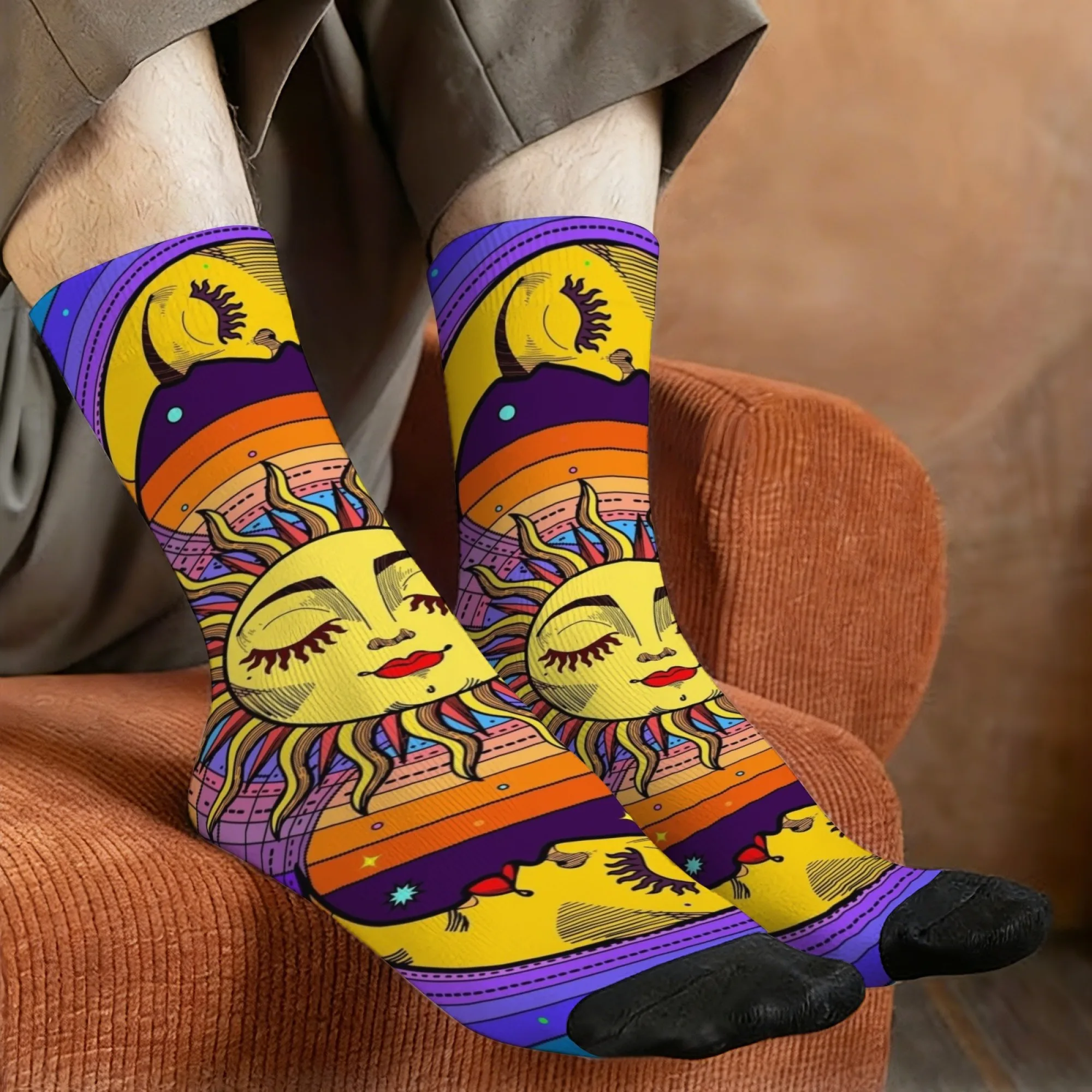 Fantasy Sun Moon Starry Sky Men Socks Vibrant Color Gradient Healing Style Streetwear Style Soft Comfortable Trendy Socks