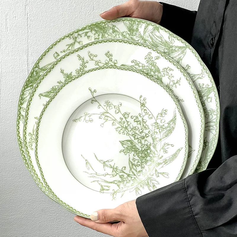 

Light Luxury Emerald Green Lily of The Valley Ceramic Dinner Plate Set French Premium Cake Plate Elegant Tableware Restaurant