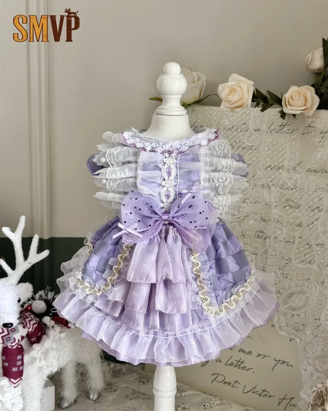 Lilac Purple Lace Multi Layer Pet Princess Dress Big Bow Ruffled Party Costume for Dogs Cats Birthday Wedding Outfit Apparel