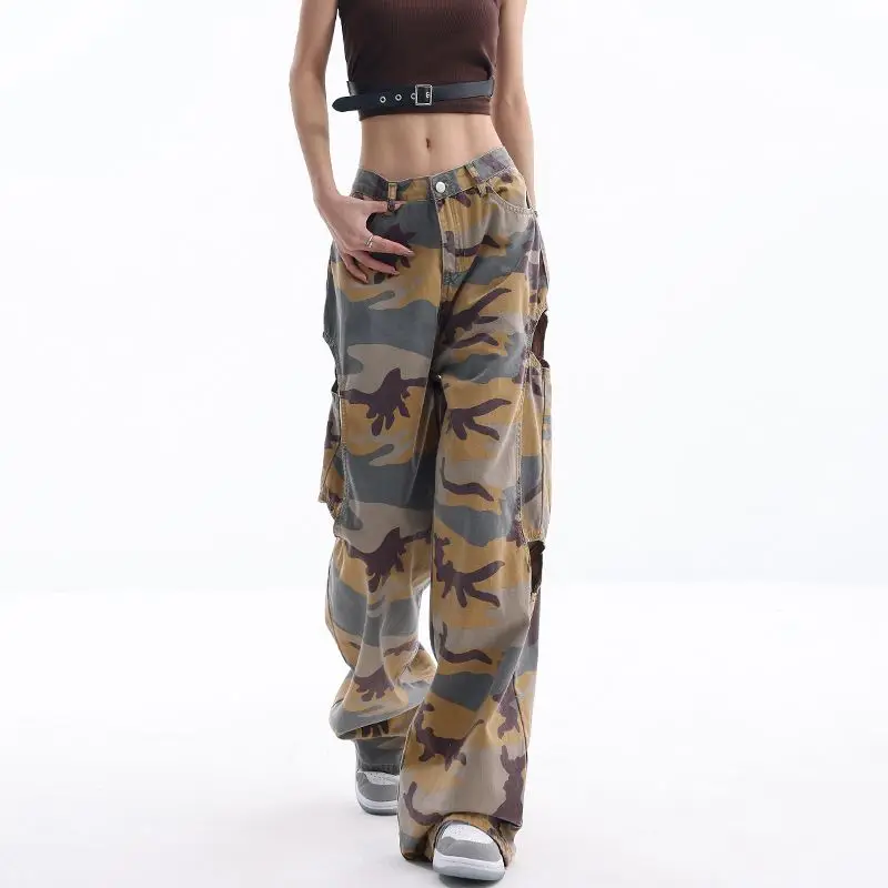 

Women Camouflage Cargo Pants Patchwork Pockets Retro Y2k Loose Folds Colorblock High Street Trousers Female Wide Leg Pants New