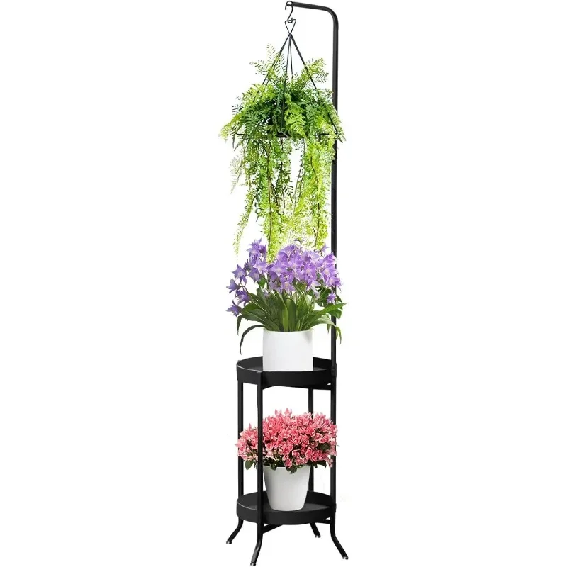 

Hanging Plant Stand Indoor Outdoor, Space-Saving Corner Metal Plant Shelf 3 Potted Flower Pot Stand, 2 Tier 61" Tall Modern