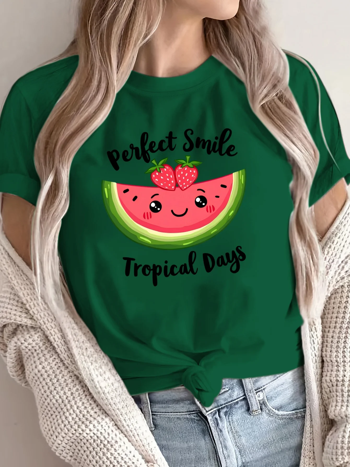 Casual Short Sleeved Shirt with Fun Watermelon and Tropical Fruit Pattern Printed T-shirt Round Neck Casual Top for Daily Wear