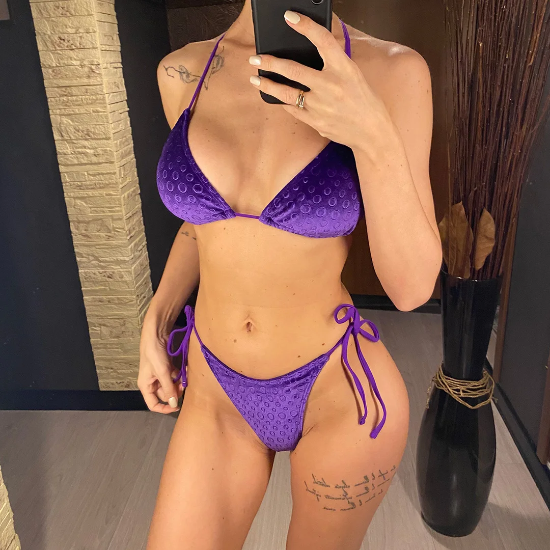 Neuer Halter-Bikini aus Samt mit hohem Beinausschnitt, Damen-Badebekleidung, zweiteiliger Bikini-Set, gepolsterter Badeanzug, Badeanzug, Schwimmbikini V4502 – Detail 8