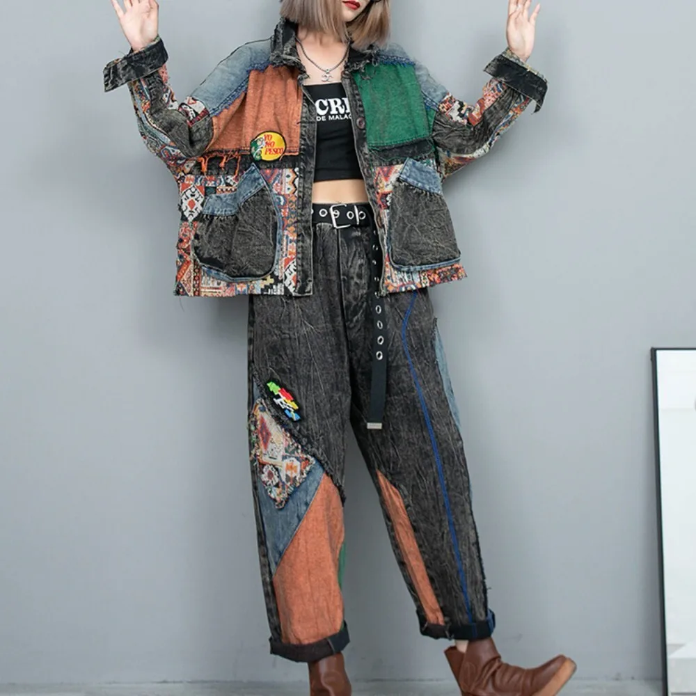 

Color Contrast Stitching Denim Fashion Pant Set Women 2024 Spring Autumn New Loose Fitting Long Sleeved Jacket + Jeans LX813