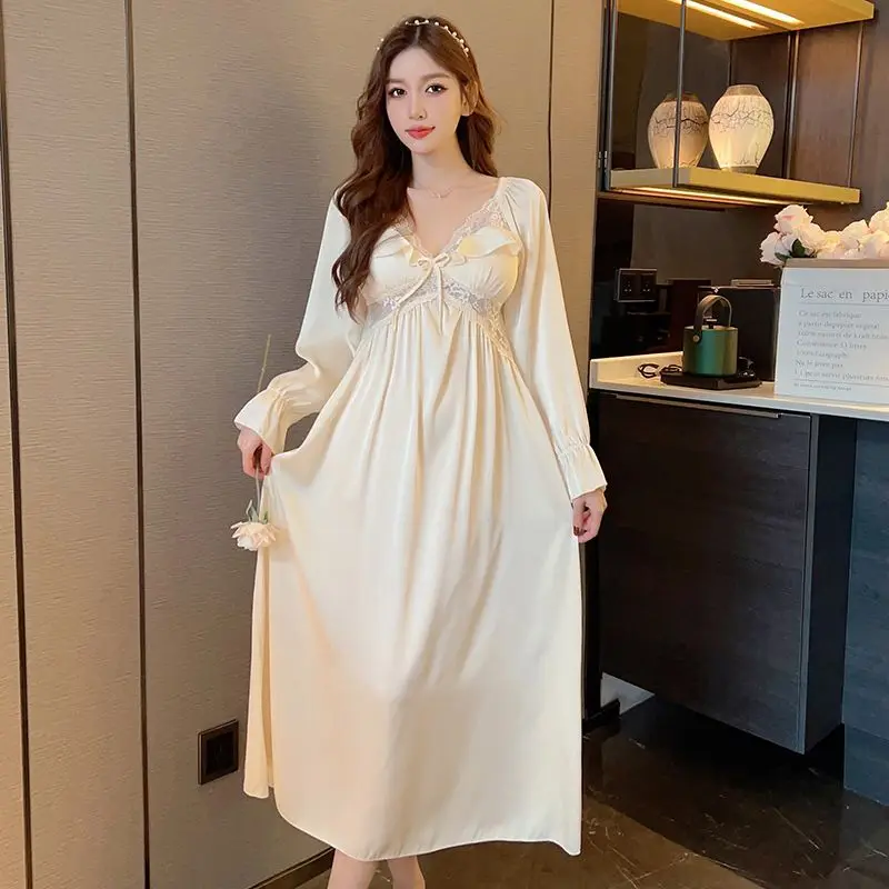 Womens Low Cut V-Neck Hollow Sexy Nightdress Casual Nightgown Comfortable Lace Solid Pajamas Female Spring Autumn Home Clothing