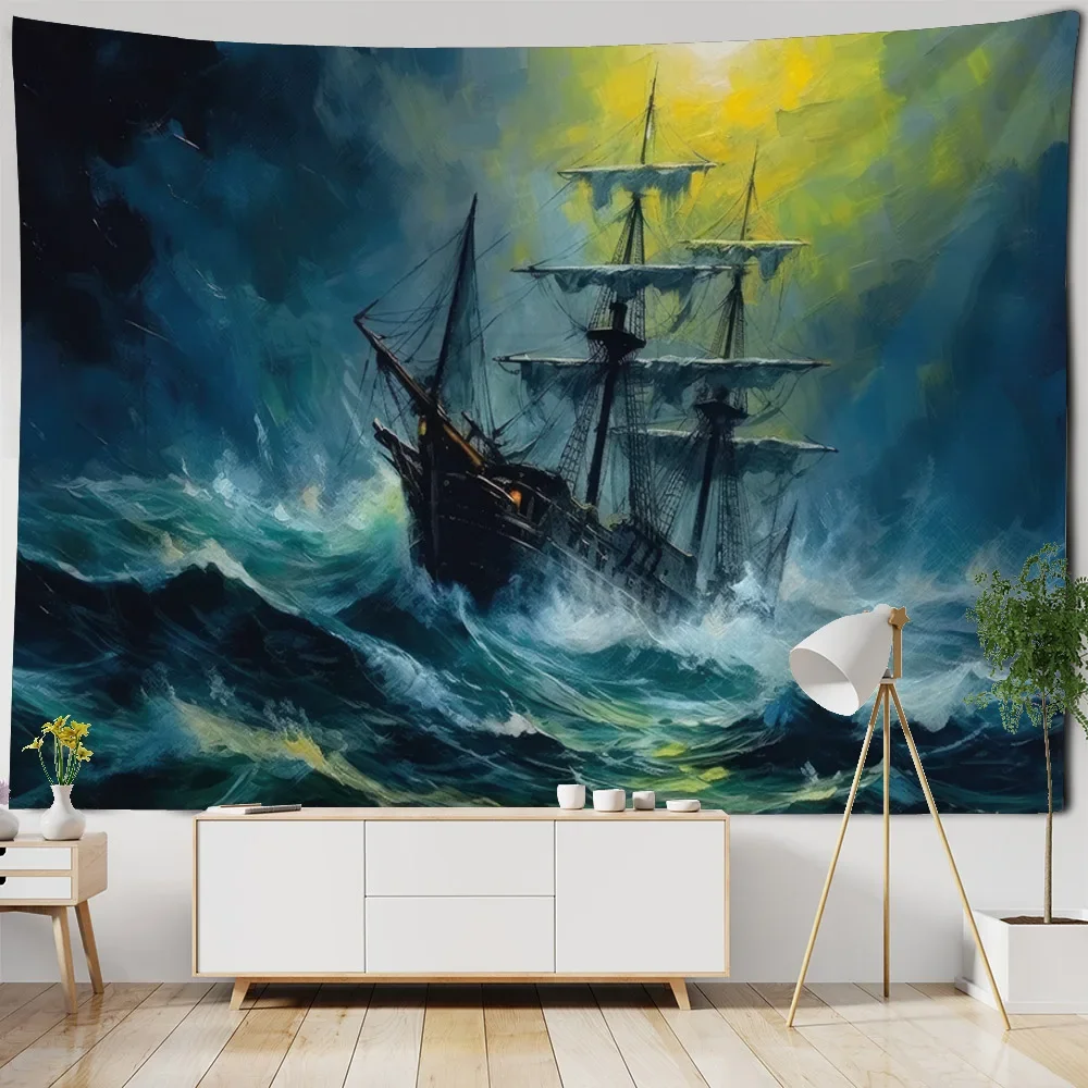 Ocean oil painting decoration tapestry Pirate ship wall hanging cloth Hippie wall decoration room art decoration blanket