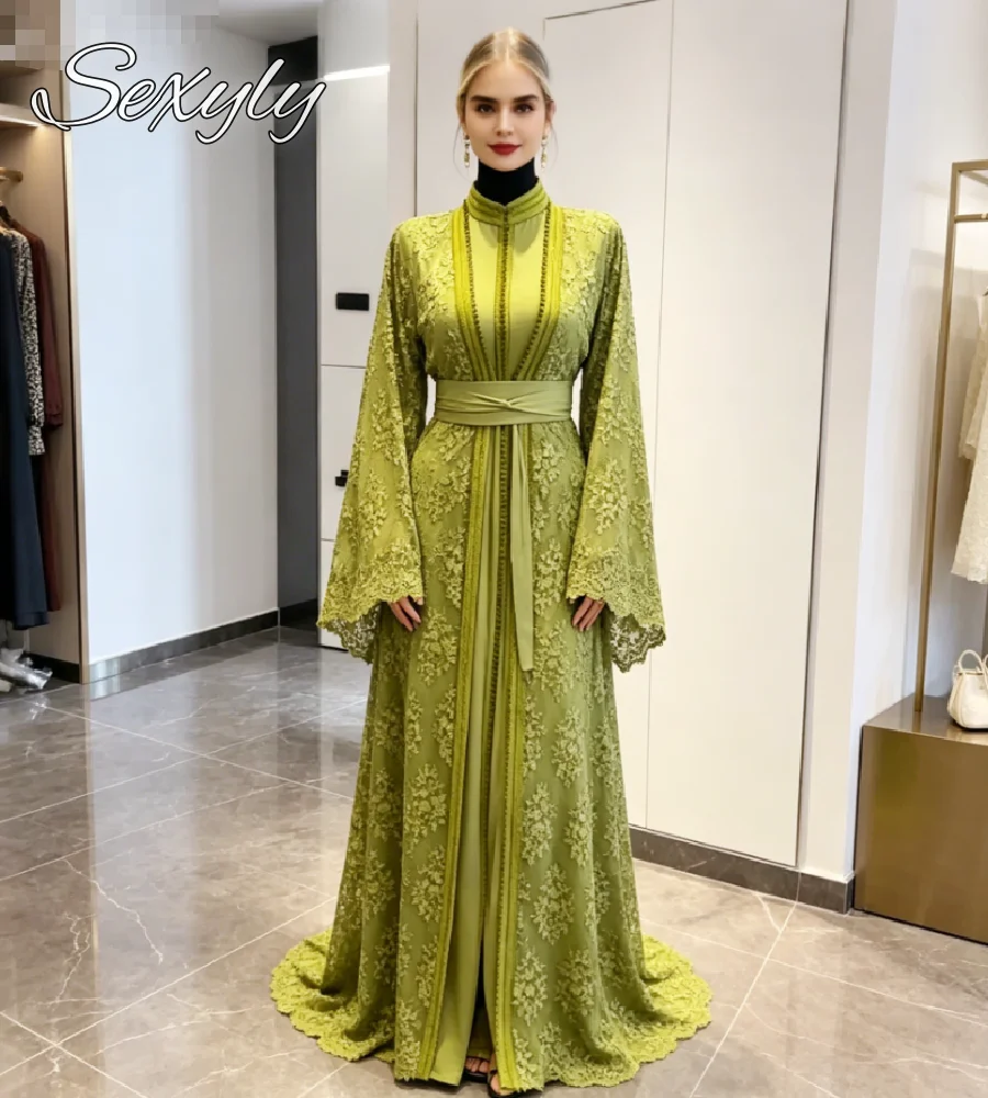 2026 Eid Mubarak Grünes Abendkleid Marokkanische Abaya mit Trompetenärmeln und Gürtel Maxi-Robe Dubai Kaftan Islamische Abendkleider Muslimische Partykleider