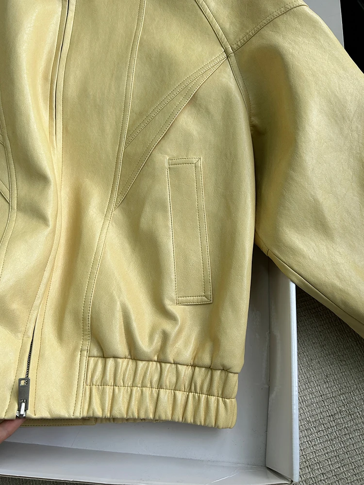 Lautaro Frühling Herbst Gelbe PU-Lederjacke für Damen mit Reißverschluss, Langarm, Looe Casual Luxus Designer Amerikanische Retro-Kleidung 2026 – Detail 7