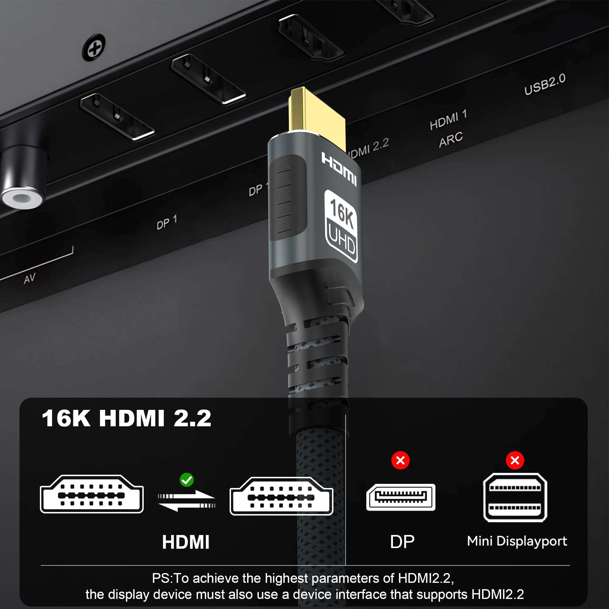كابل مضفر 16K HDMI 2.2 عالي السرعة 96 جيجابت في الثانية 16K@30 هرتز/60 هرتز 8K@120 هرتز 4K@240H UHD HDR 12 بت متوافق مع مفتاح تلفزيون الكمبيوتر المحمول PS5