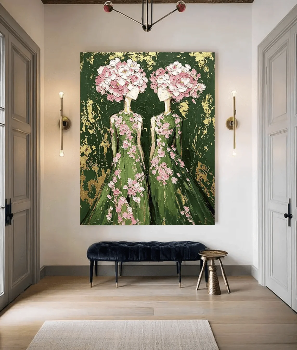Dark Green Gold Foil Abstract Lady Canvas Prints, Impasto Two Women Floral Hat Posters Living Room Bedroom Wabi Sabi Home Decor