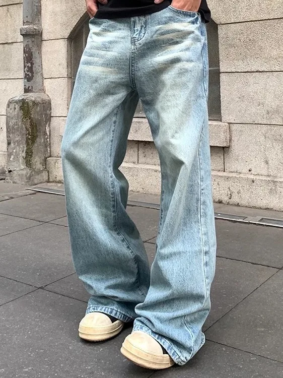 Amerikaanse retro vervaagde ijsblauwe uitlopende afslankjeans losse rechte high street broek voor heren jeugd casual jeans met rechte pijpen