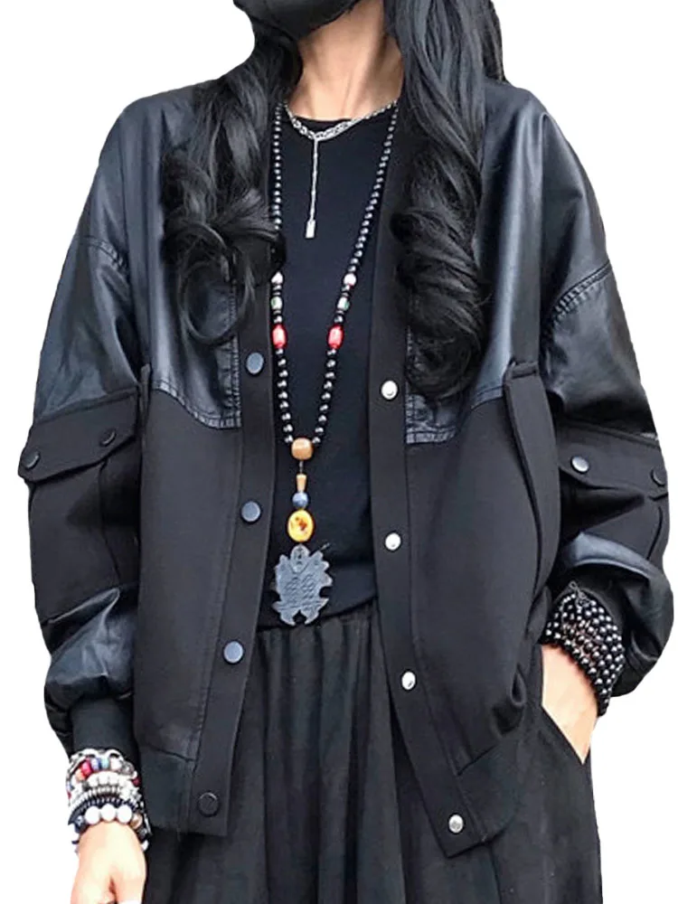 Amax luluE Spring Womens Fashion Loose Vintage Faux Leather Cotton Jackets Ladies Luxury Leisure Pu Coats Female Biker Clothes