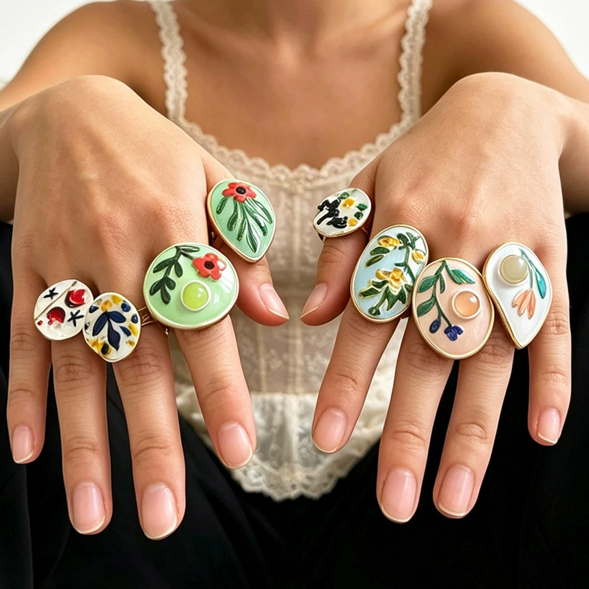 HUANZHI Multi Color Color Painted Flora Teardrop Ring Thin Metallic Rim Curved Face Relief Blossom Pattern Women Jewelry