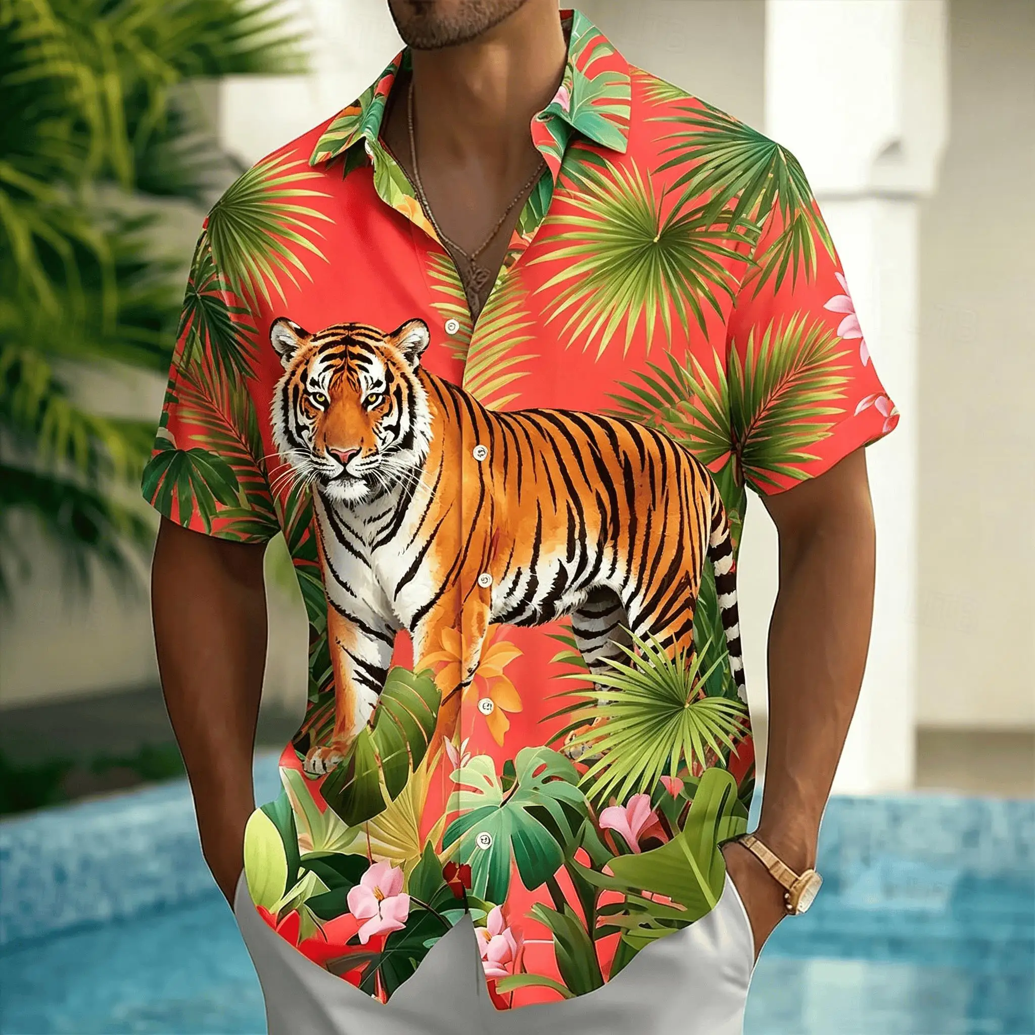 Men's Red Tiger Palm Tree Print Short Sleeve Shirt, Tropical Hawaiian Button Up Shirt for Spring & Summer