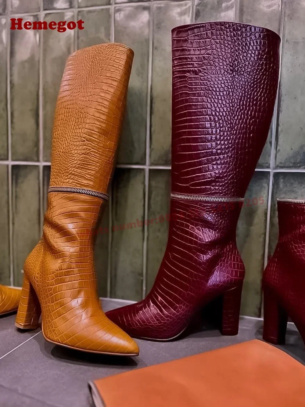 Croc-Pattern Pointy Toe Chunky Heels Women's Boots Zipper Splicing Knee High Boots Winter Detachable Elegant Casual Shoes 2025