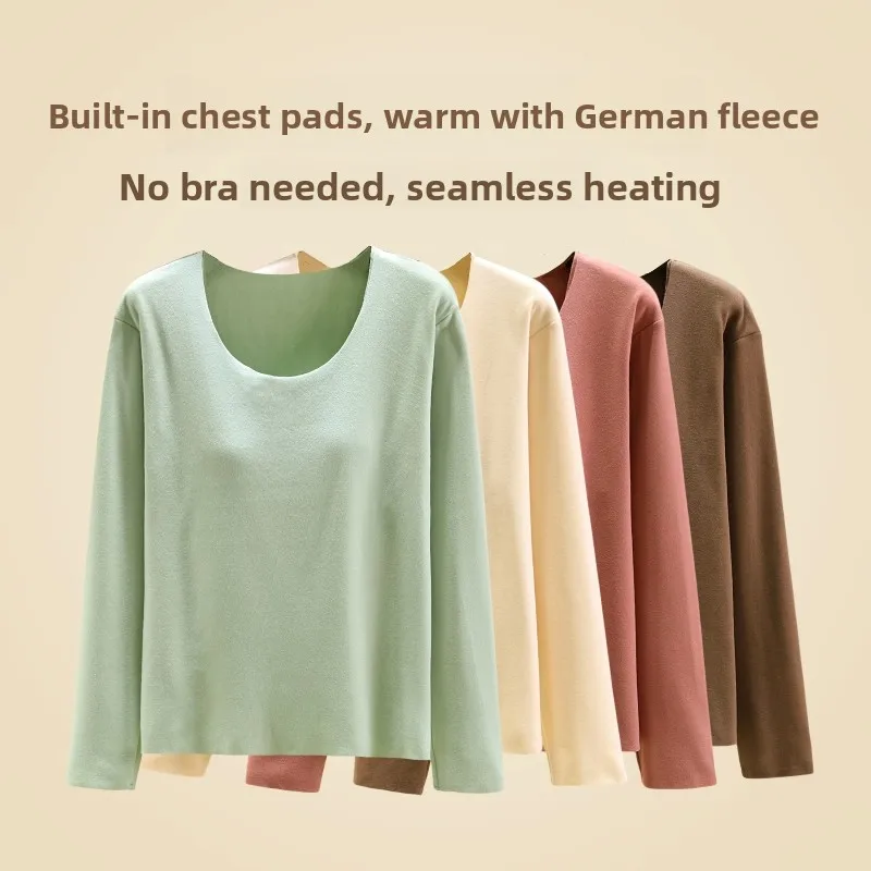 Thickened Fleece Warm Top Women's round Neck Vest Autumn Winter Thermal Underwear Seamless Comfortable Base Layer Shirt