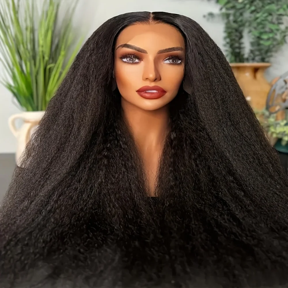 

Мягкий черный парик Yaki, 26 дюймов, с эффектом предварительной прически, 180% плотность, синтетический, с кружевной передней частью, термостойкий, без клея, для женщин