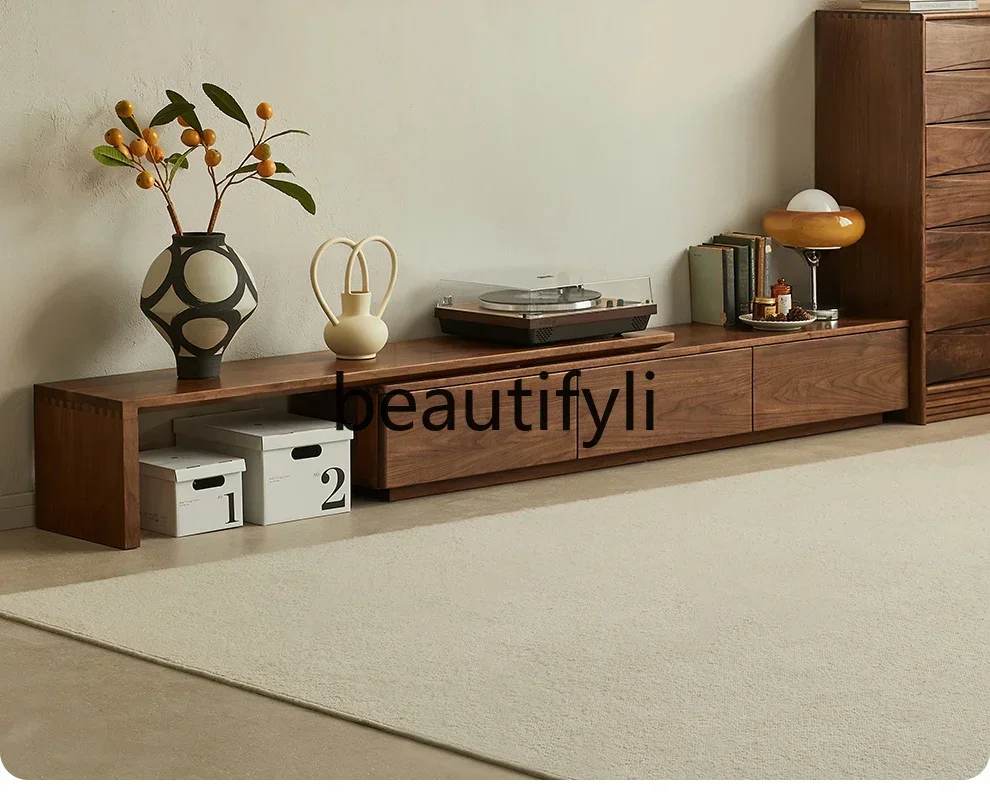 M178 Black walnut telescopic TV cabinet 2025 new floor TV cabinet legless living room locker