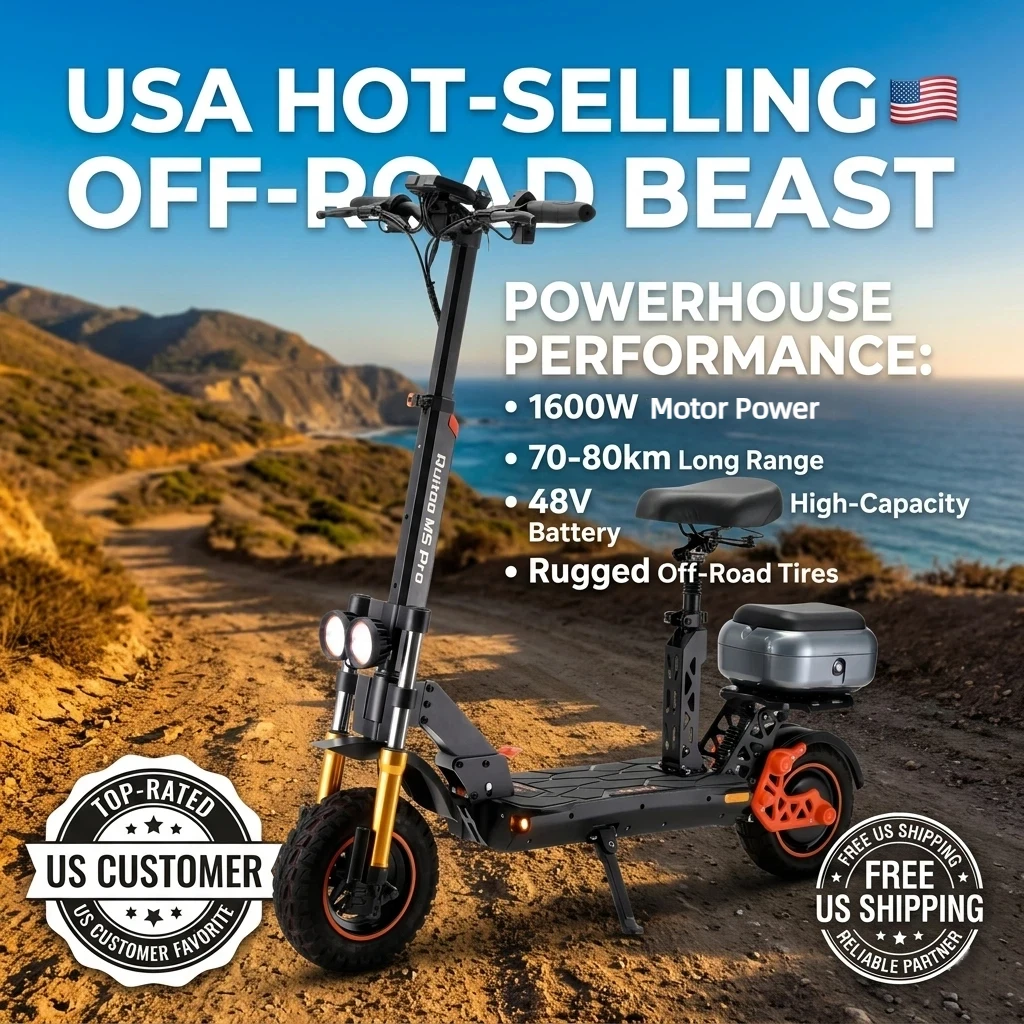 

Electric Scooter w/ Seat & Storage, 1600W Motor, 48V 20.8Ah, 70-80km Range, Foldable, LED, Off-Road Tires