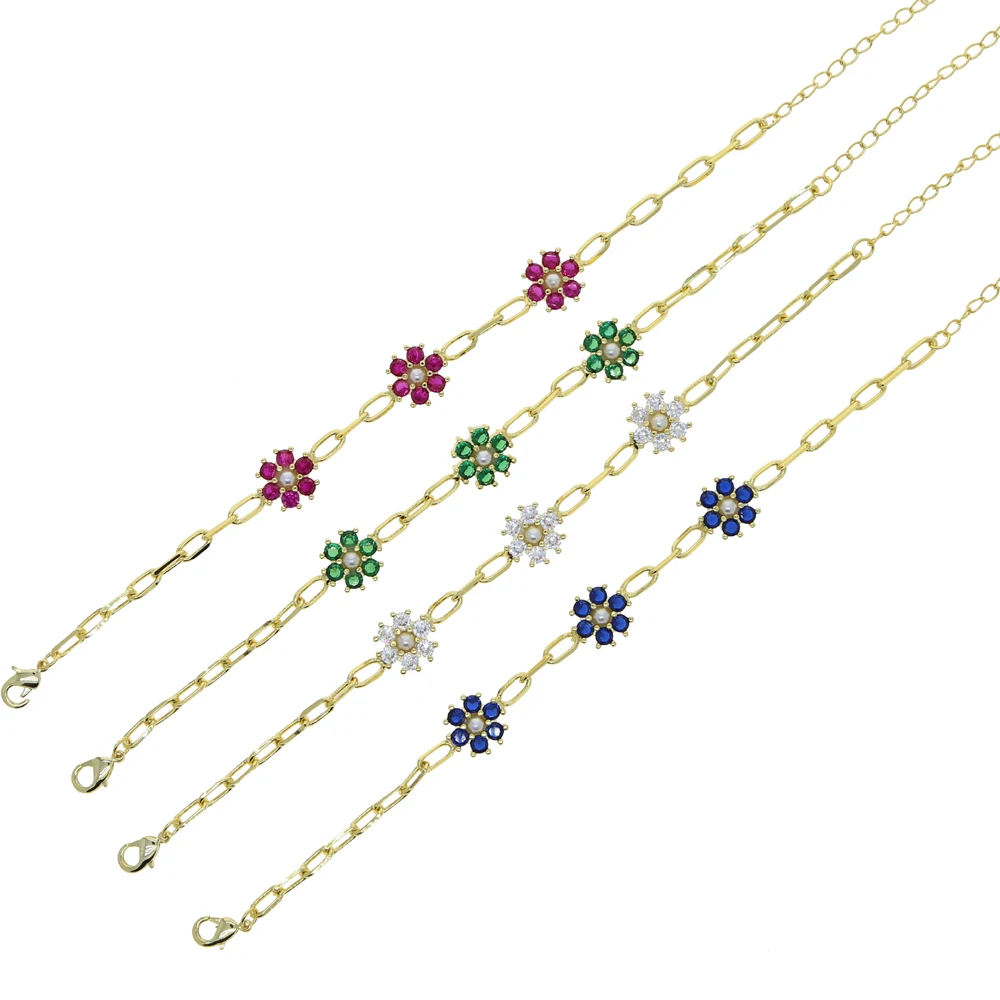 Colorful 2022 Spring New Jewelry Red Blue Green White CZ Pearl Beads Flower Charm Chain Bracelet