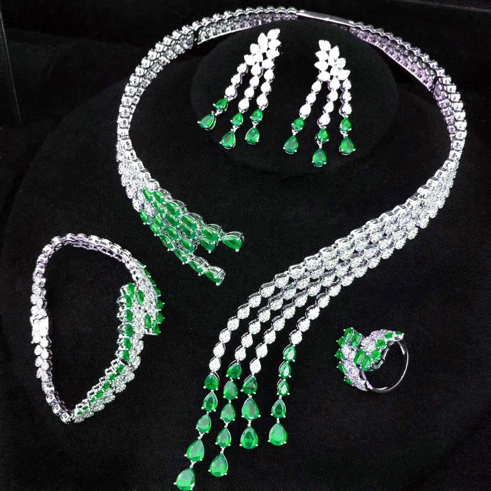 GODKI Trendy 4PCS Luxury Turquoise Statement Jewelry Sets For Women Wedding Cubic Zircon Indian African Dubai Bridal Necklace