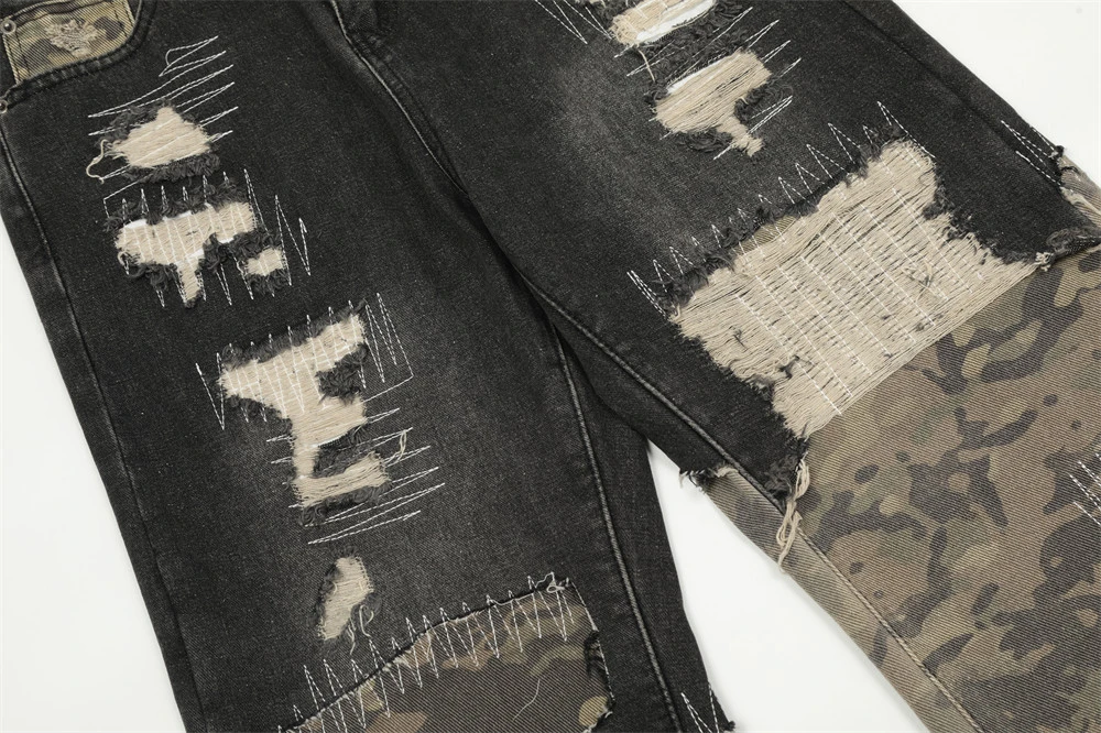 Vintage Distressed Ripped Hole Denim Pants Men Unisex Camouflage Patchwork Straight Jeans Loose Designer Cargo Jeans