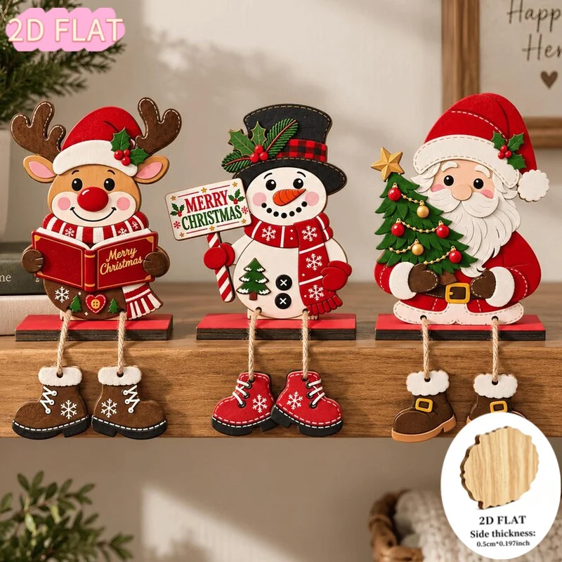 Xmas Wooden Shelf Sitter Ornament with Hanging Legs Santa Snowman Table Sign Home Mantel Christmas Decoration Holiday Gift