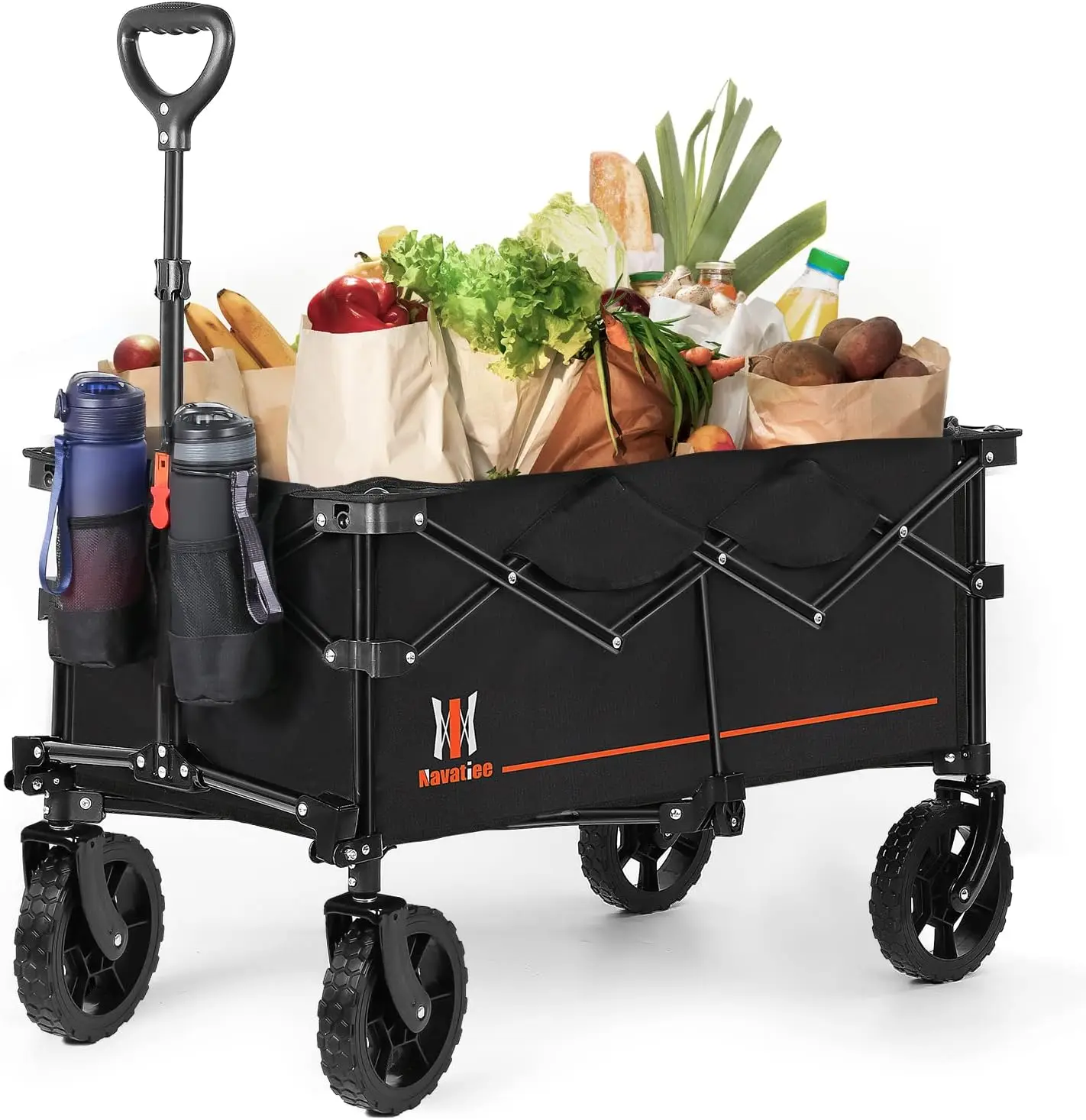 Navatiee Collapsible Folding Wagon, Wagon Cart Heavy Duty Foldable with Two Drink Holders, Utility Grocery Wagon