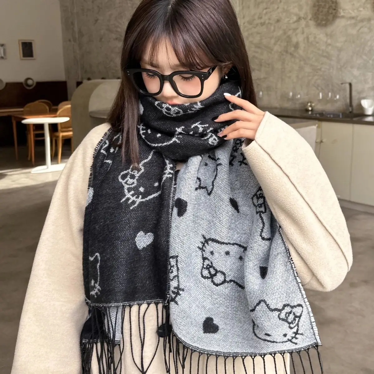 Kawaii Sanrio Anime Hello Kitty New Autumn and Winter Warm Cartoon Cute Girly Heart Knitted Scarf Christmas Girly Heart Gift