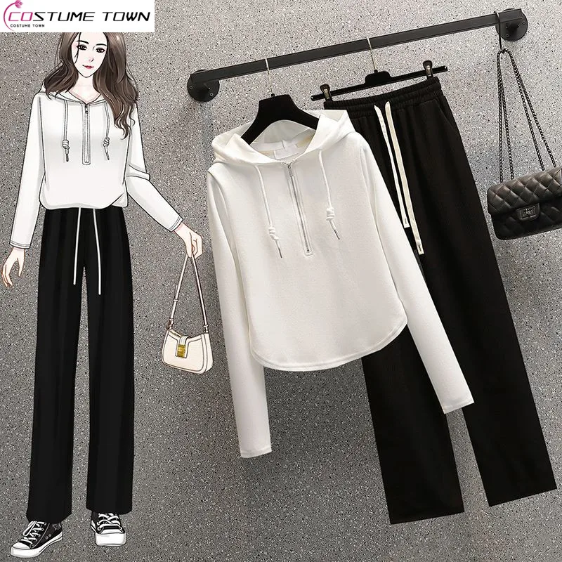 Suit Women 2023 Spring/Summer New Korean Version Fat Sister Casual Sports Hoodie Wide Leg Pants Two Piece Set Fashion