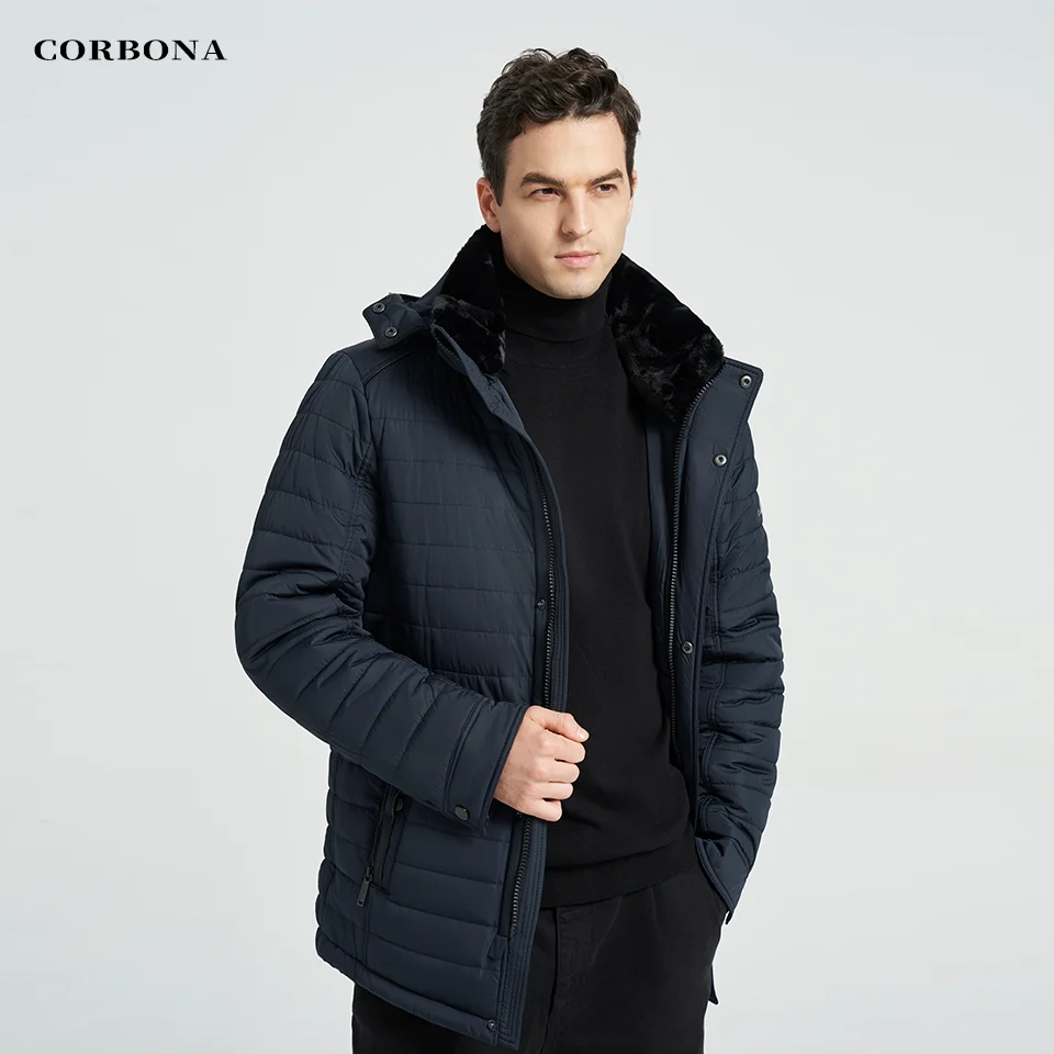 CORBONA-abrigo grueso a prueba de viento para hombre, Parka con capucha oscura, forro de algodón, cuello de piel, alta calidad, invierno, 2024