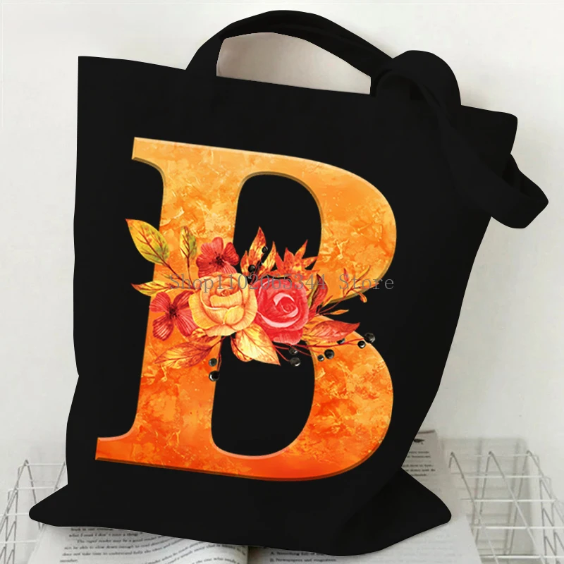 Golden Rose Handbag Women Autumn Style 26 Floral Alphabet A-Z College Canvas Tote Bag Vintage Fashion Flower Ladies Shoulder Bag