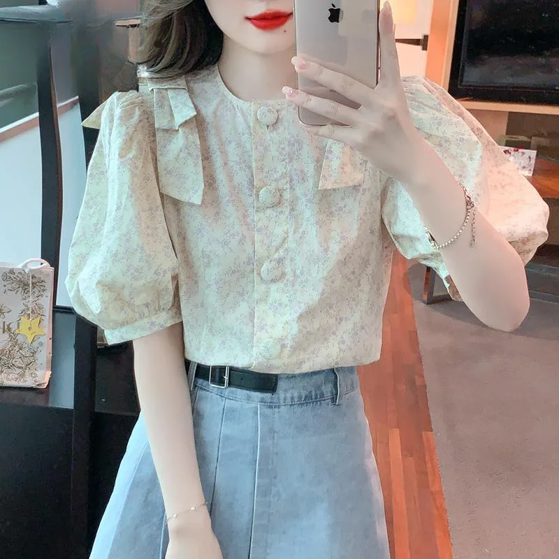 Fashion Floral Bubble Sleeve Shirt Women\'s Summer Design Niche French Style Top New Youthful and Beautiful Chiffon Shirt