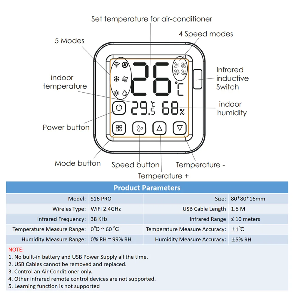 Termostato de CA WiFi Tuya, Control remoto de CA Universal, termostato de temperatura de vida inteligente, Sensor de temperatura y humedad incorporado