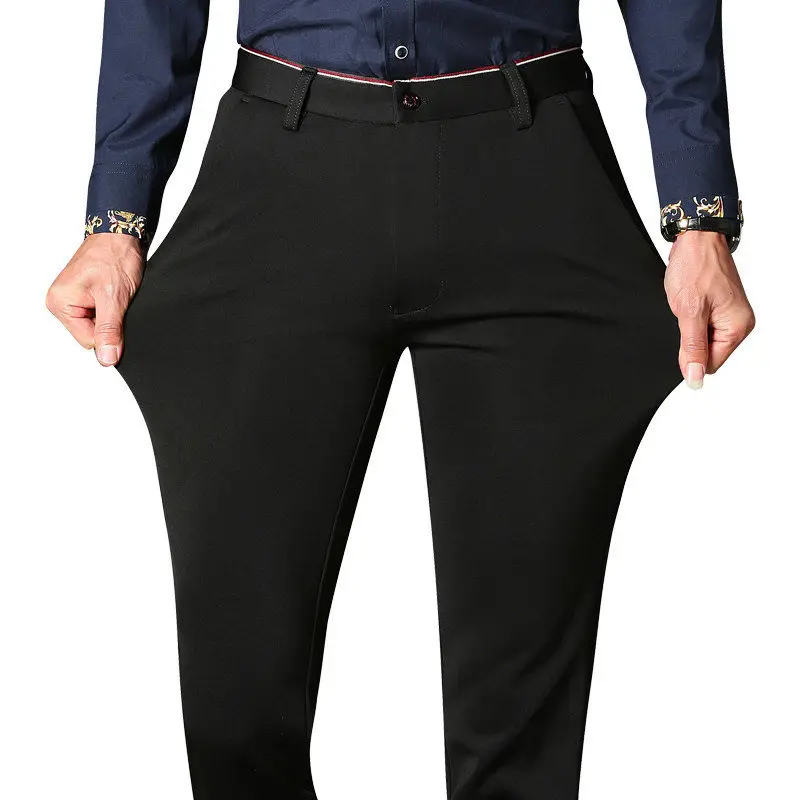 Men's High Elastic Business Casual Pants Versatile Knitted Men's Pants Black Slim Thin Trousers