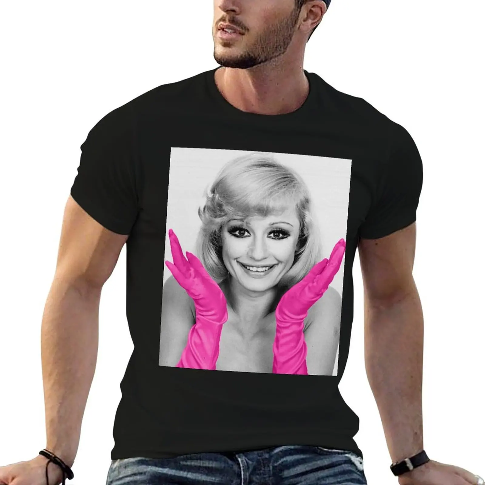 

Raffaella Carra with pink gloves T-Shirt blue archive man clothes t shirt men 100℅ cotton