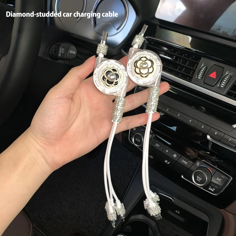 Diamond Telescopic Car Data Line 3-in-1 Fast Charging Mobile Phone Type-c Charger Line Car Accessories for Android IPhone