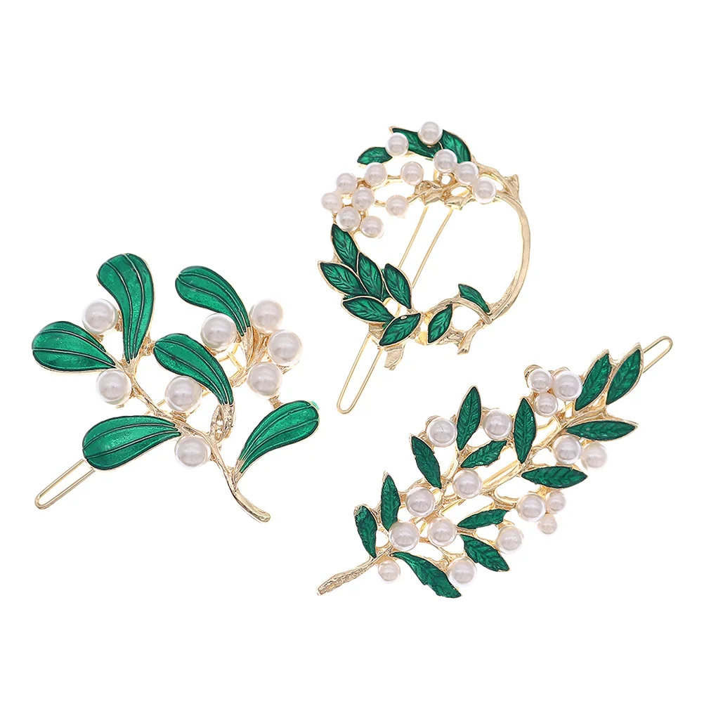 

3 Pcs Leaves Pearl Hair Clip Accessories for Girls Alloy Clips Slides Women Bobby Pin (plastic) Leaf Hairpin Women's