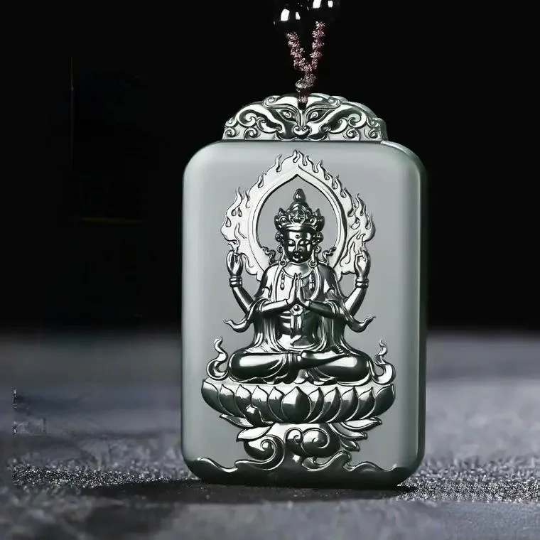 New Natural Jade Carving Four-arm Guanyin Black Green Pendant Jadeite Charm Necklace Exquisite Jewelry Men Women with Chain Gift