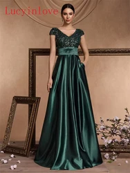 Lucyinlove Elegant V-Neck Green Sequins Evening Dresses Long Luxury Women Satin Sleeveless Wedding Party Cocktail Gowns