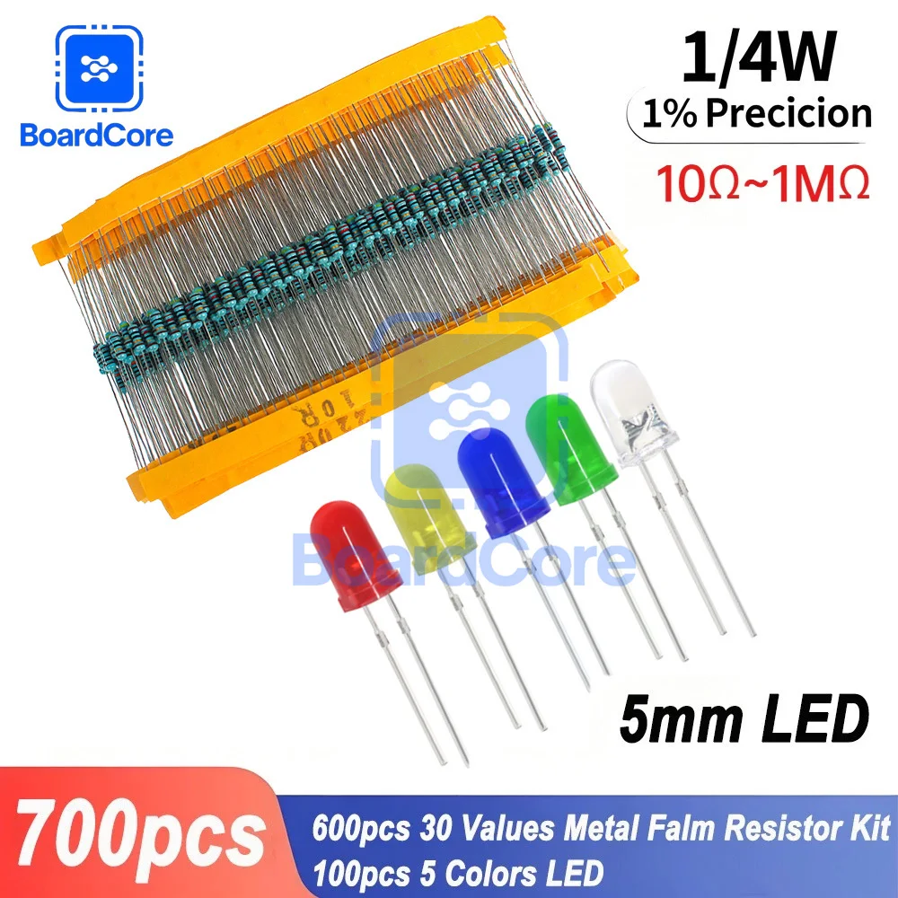 700pcs/set 1/4W Metal Film Resistor Kit + 5 Colors *20pcs LED Diode 5mm Light Emitting Diode Set for DIY Electronic Circuit