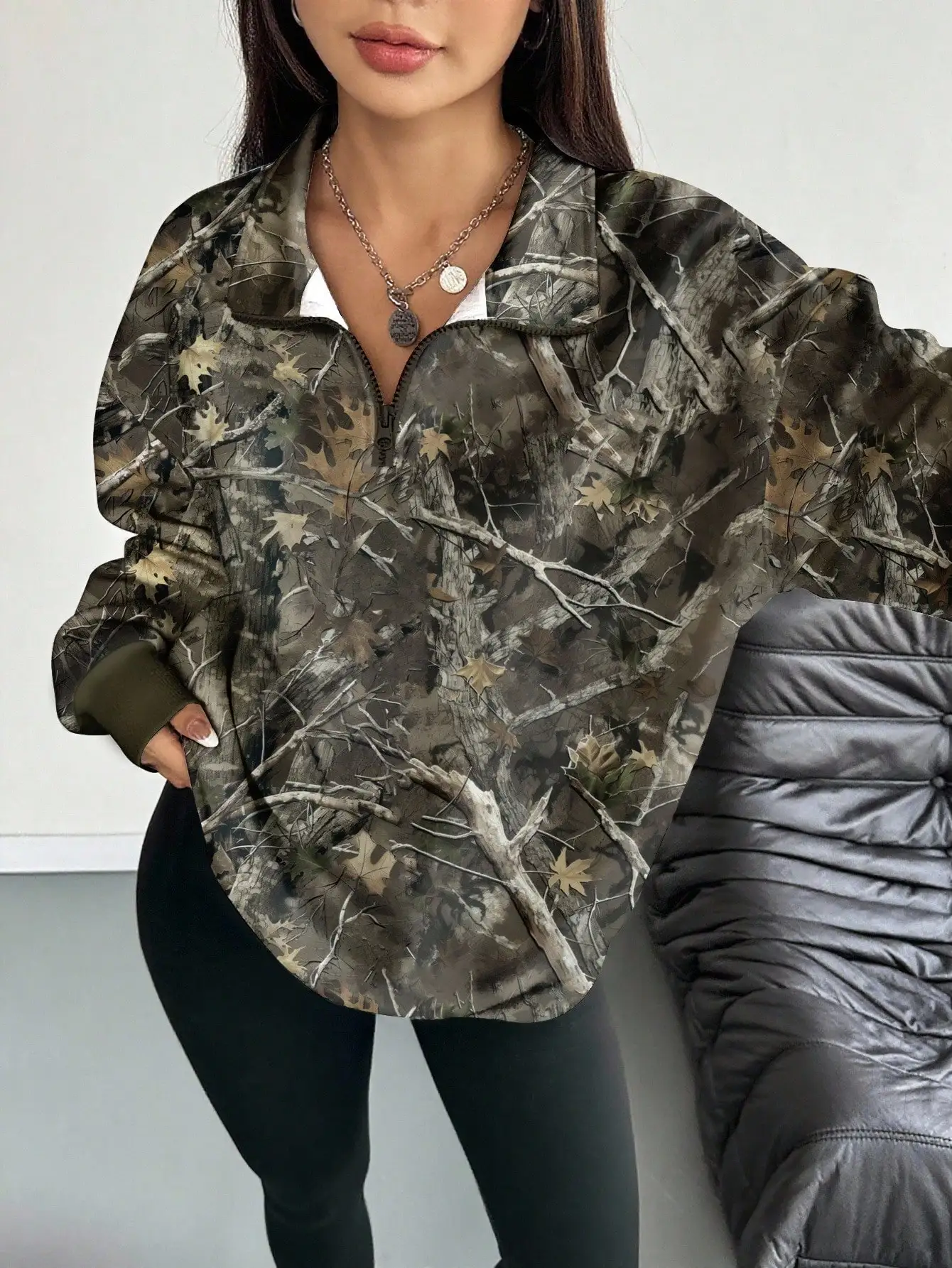 

Women's Hoodie / Half-Zip Casual Crew Neck Sports Top / Full-Print Leaf Pattern / Digital Printing Technology