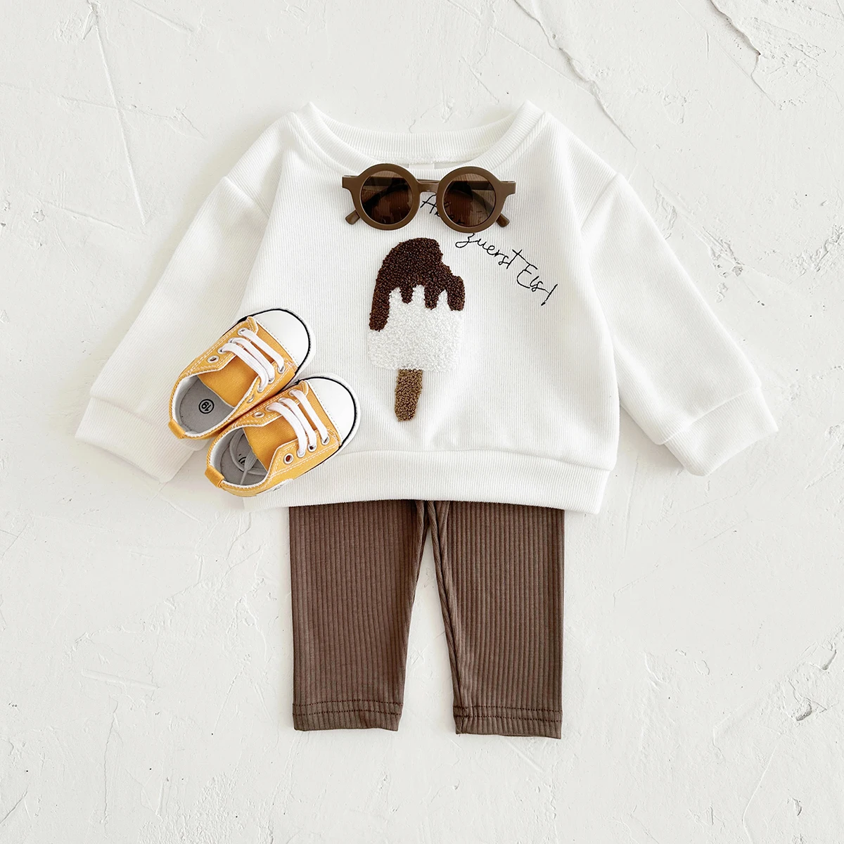 2PCS Boys Baby Infant Suit Fall Children\'s Top Cute Popsicle Embroidery Spring Baby Outfit Set Long Sleeve Girl Kids Clothes