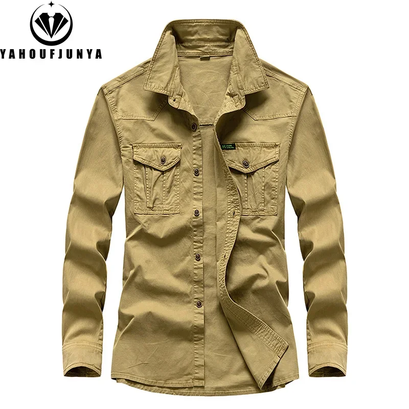 Men Spring Long Sleeve Cargo Casual Cotton Lapel Blouses Men Outdoors High-Quality Design Fashion Brand Clothing Shirt Male Coat