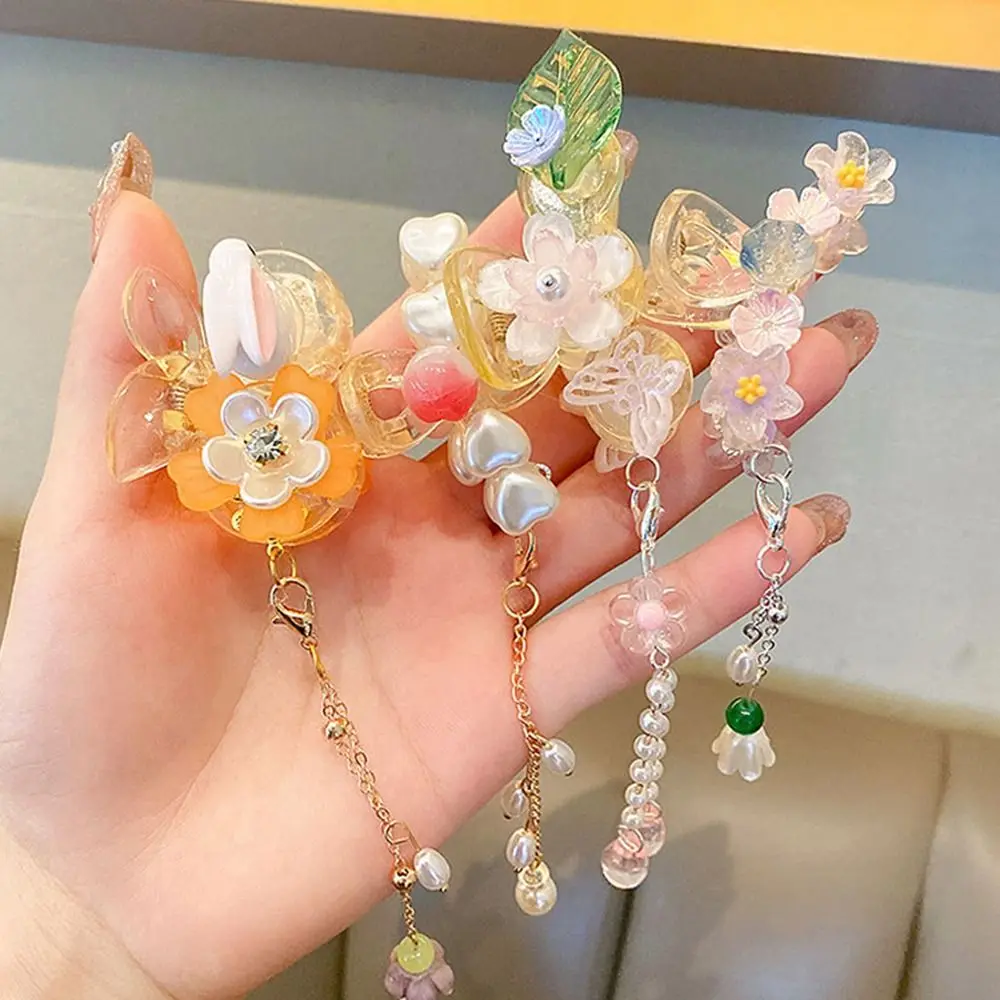 Chinese Style Children Girl Flower Hair Claw Heart Tassel Hair Clip Rabbit Ponytail Holder Hanfu Ornament Resin Hair Grip