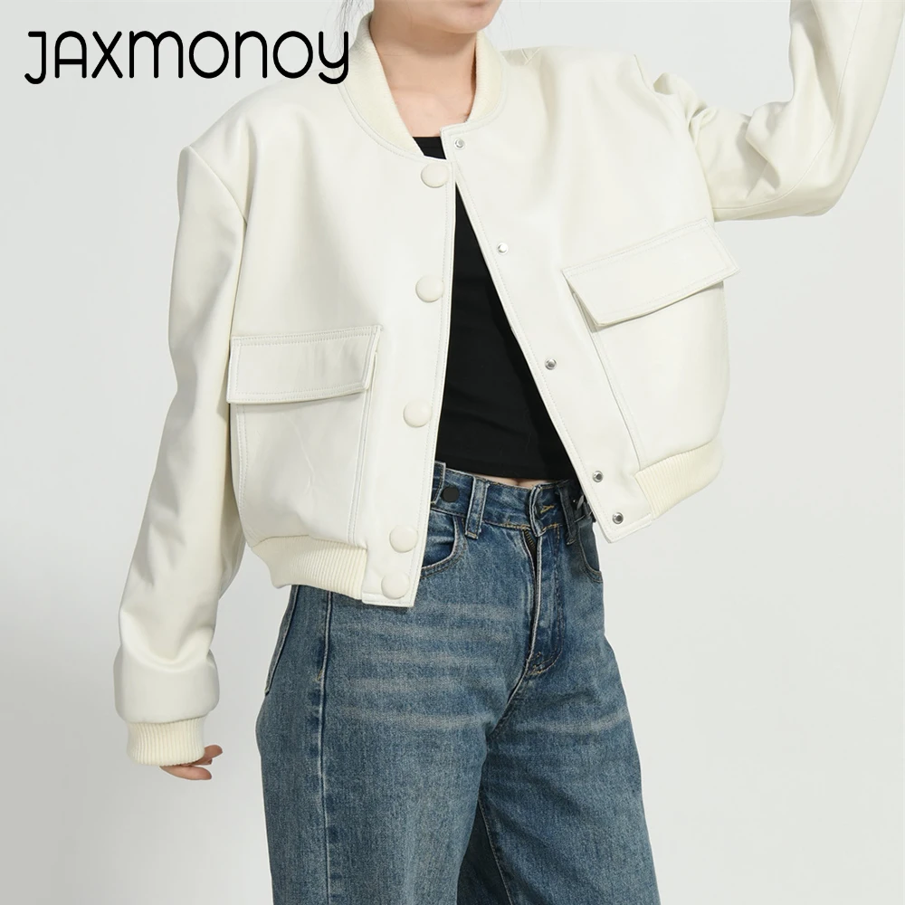 Jaxmonoy Women's Autumn Sheepskin Coat Ladies Fashion Full Sleeves Solid Color Real Leather Jacket Genuine Leather Jacket Female